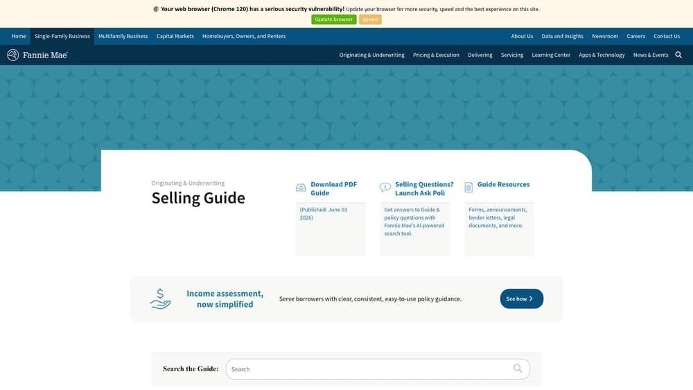 Screenshot of Fannie Mae Selling Guide website