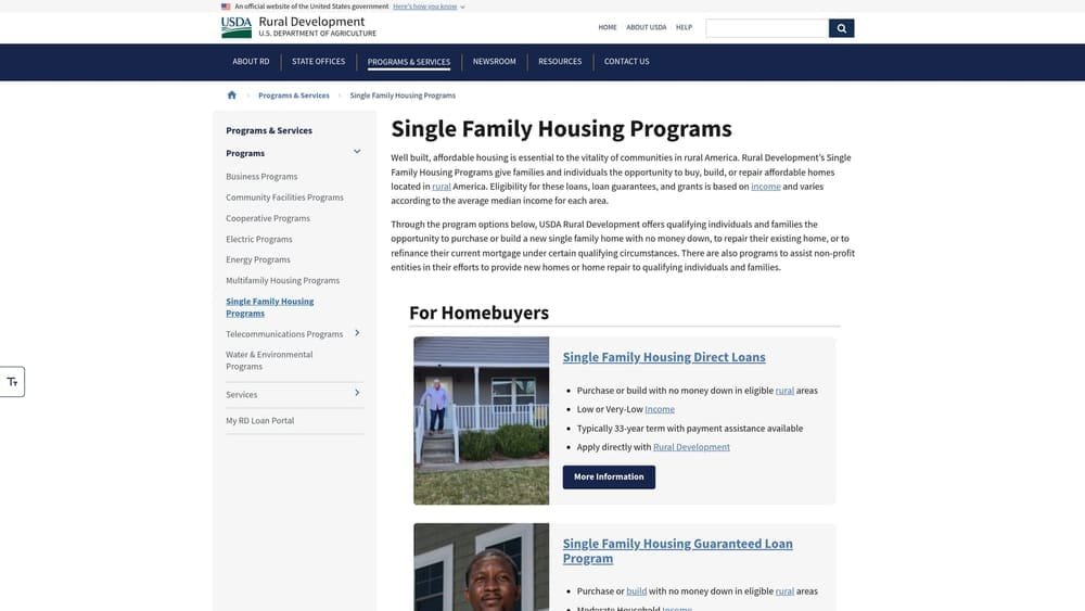 Screenshot of USDA Rural Development Loans website